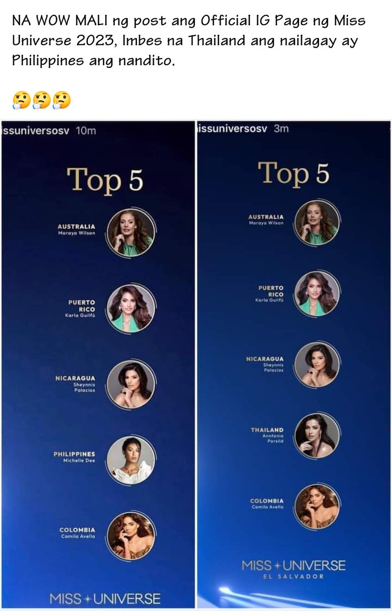 jaimeepops's tweet photo. HOYYYY bakit? How true? Official page ba nagkamali? Dami na naman matri'trigger neto. Hayyyy! #MissUniverse2023 #MichelleMarquezDee #MichelleDee https://t.co/xrGrgQggrT