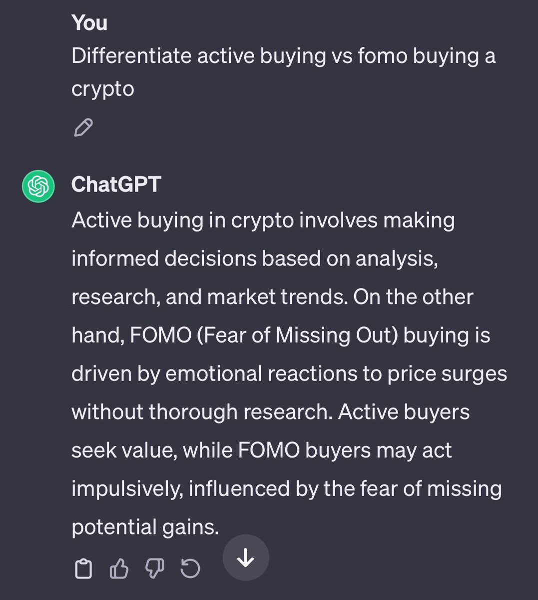 AmiCatCrypto's tweet image. Thought this might help during this time 🤝

The basic different of #ACTIVELY BUYING and #FOMO 

✅ Active buying:

making informed decisions based on analysis, research, and market trends. 

❌ FOMO (Fear of Missing Out) buying:

driven by emotional reactions to price surges