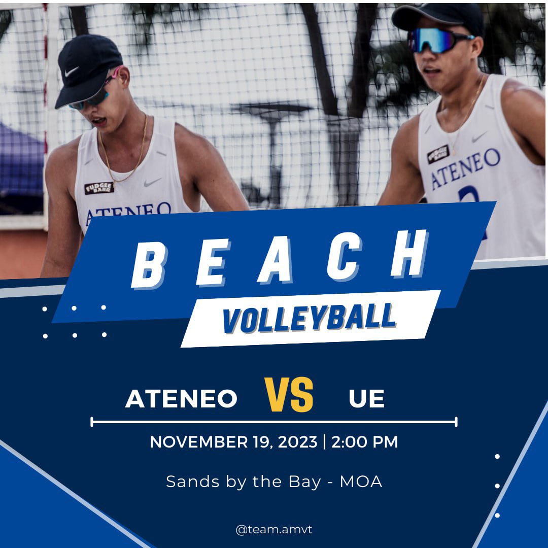 TeamAMVT's tweet photo. EAGLES vs. WARRIORS

It’s not just a match; it’s a blockbuster on the beach! Ateneo Blue Eagles are set to dazzle the sands against UE Warriors in a volleyball spectacle like no other.

#TeamAMVT #AMVT #UAAP86 #UAAPBeachVolleyball https://t.co/1kC0V9TSYA
