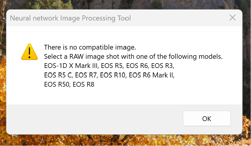 heuristic42's tweet photo. @CanonUSA DPP's Neural network Image Processing Tool (paid) is refusing to process photos until I buy the latest model camera https://t.co/Erc88Y45an
