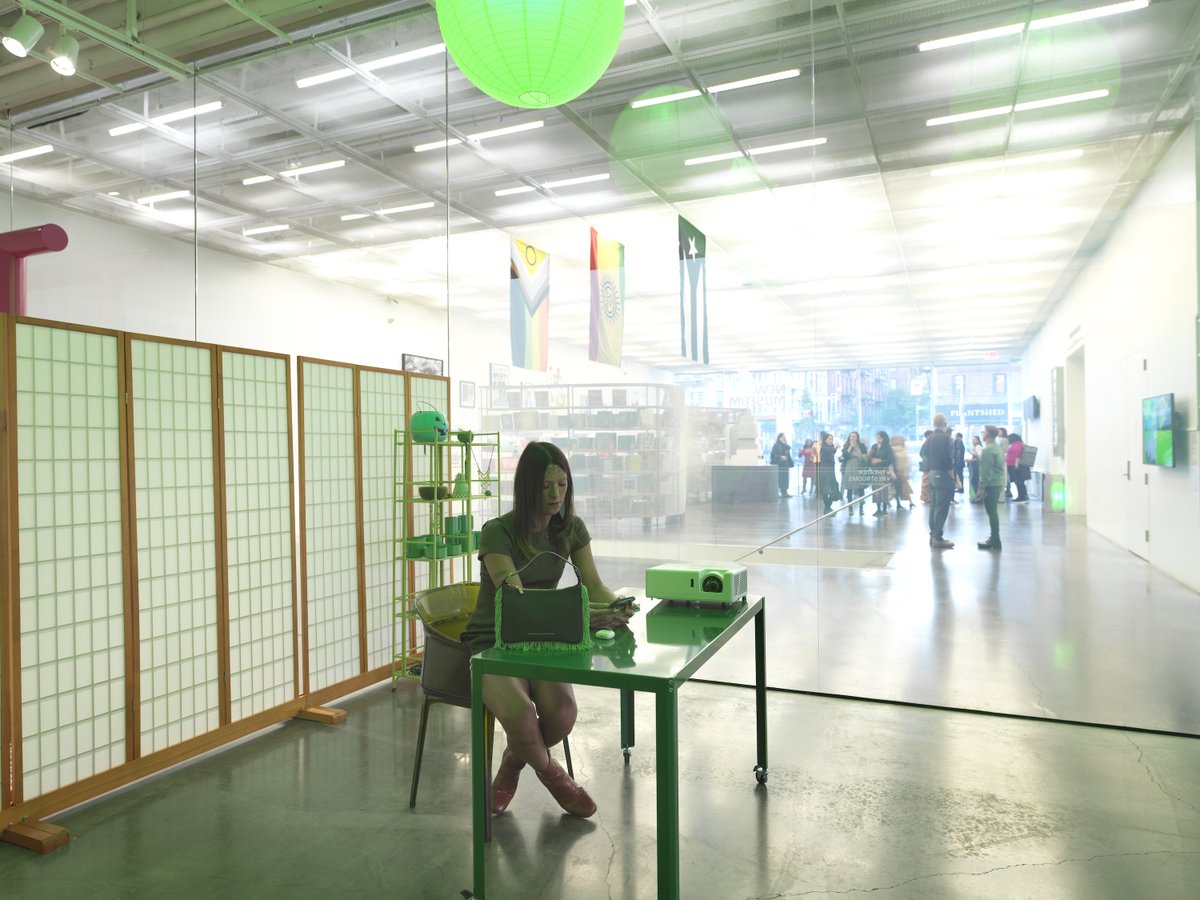 newmuseum's tweet photo. Visitors to "Puppies Puppies (Jade Guanaro Kuriki-Olivo): Nothing New" may encounter the artist lounging on a bed, sitting at her desk, or hosting guests in a restaging of her bedroom. When she's offsite, viewers can watch her on live video feed streamed into the Museum’s Lobby. https://t.co/qKnR0mHDoC