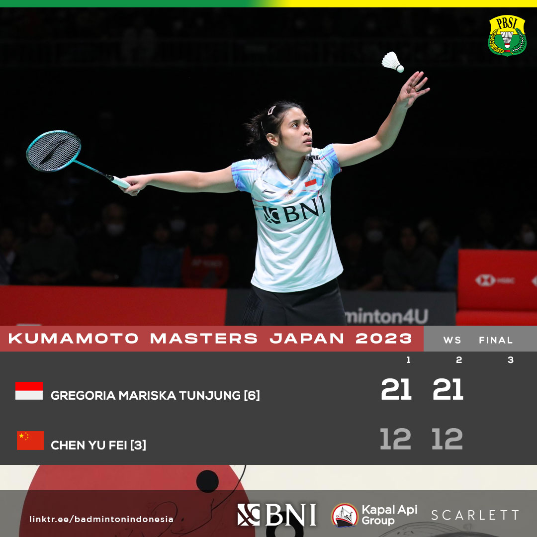INABadminton's tweet photo. JORJI IS THE CHAMPION!

Gregoria berdiri di podium tertinggi Kumamoto Masters 2023 setelah menang dari wakil China, Chen Yu Fei.

Congratulations!🫡🇮🇩

#KumamotoMasters2023 https://t.co/vKZ4etJrTx