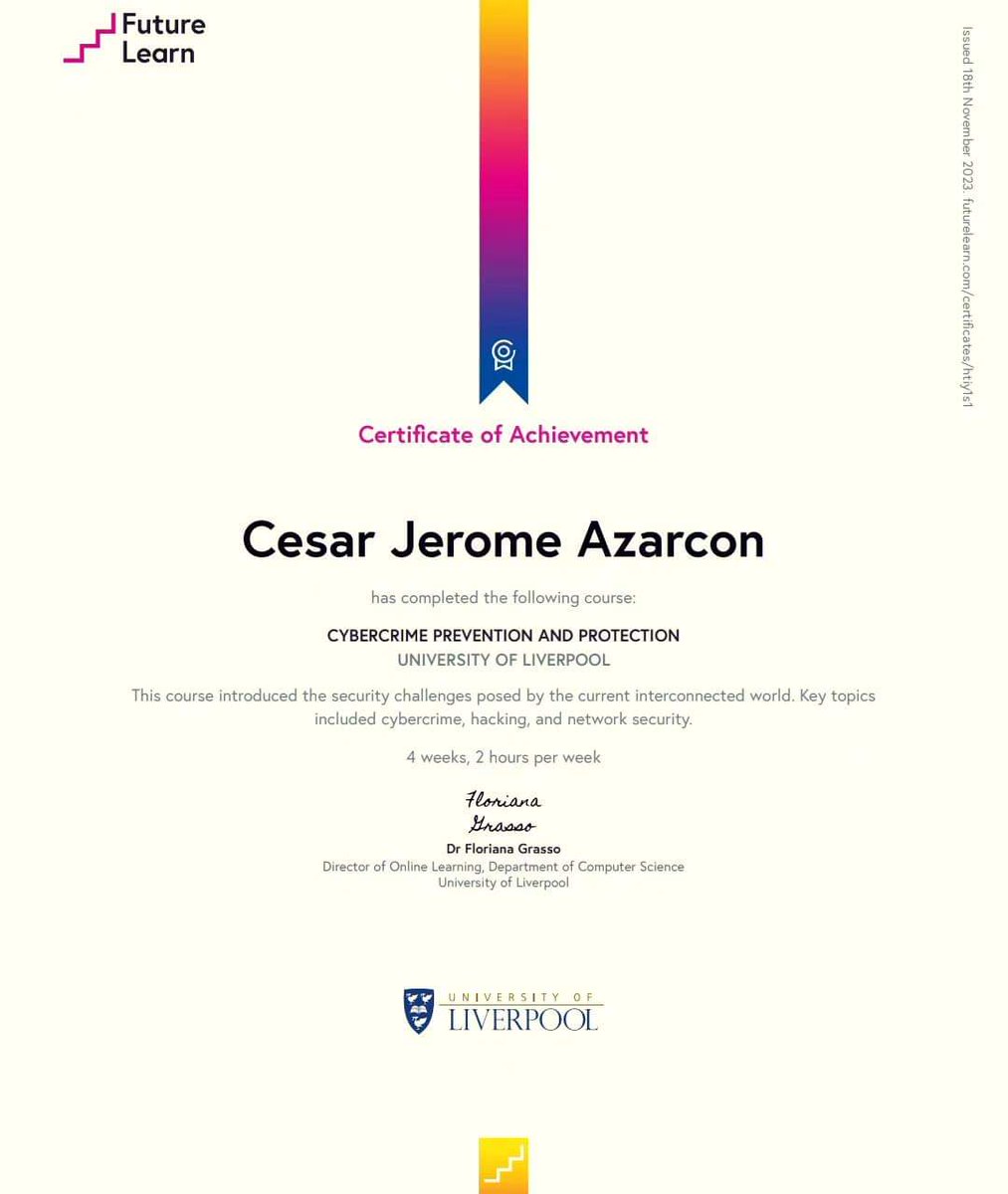 jeromekd's tweet image. Cybercrime Prevention and Protection by FutureLearn and University of Liverpool #Cybercrime #FutureLearn