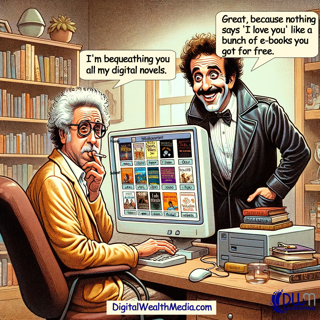 DWM_Wills's tweet photo. Welcome to the digital age of inheritance!  Navigate the quirks of modern  inheritances. While our characters jest about the value of digital bequests, remember, thoughtful estate planning is key in any era. #DigitalInheritance  #Ebook #Humor #EstatePlanning #Jokes #DigitalAge https://t.co/jOl1HzRM9y