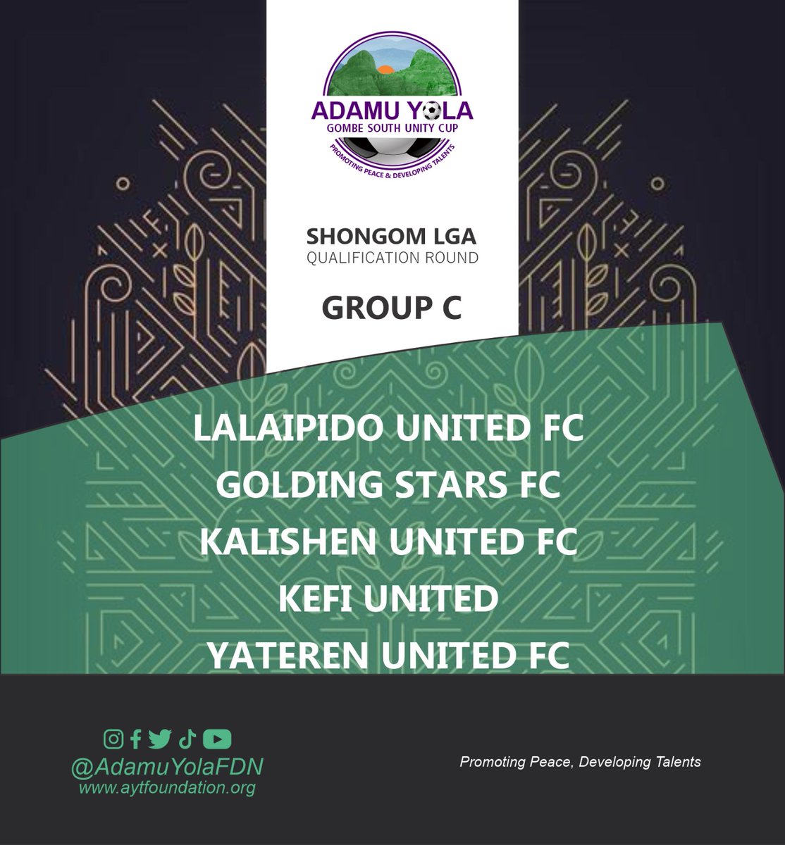 AdamuYolaFDN's tweet photo. This was how the teams from Shongom LGA were drawn for the #QualificationRound 

Winners of each group qualify to the #FinalRound.

#AdamuYolaCup 
#AdamuYolaFoundation https://t.co/GRdaXCVdCI