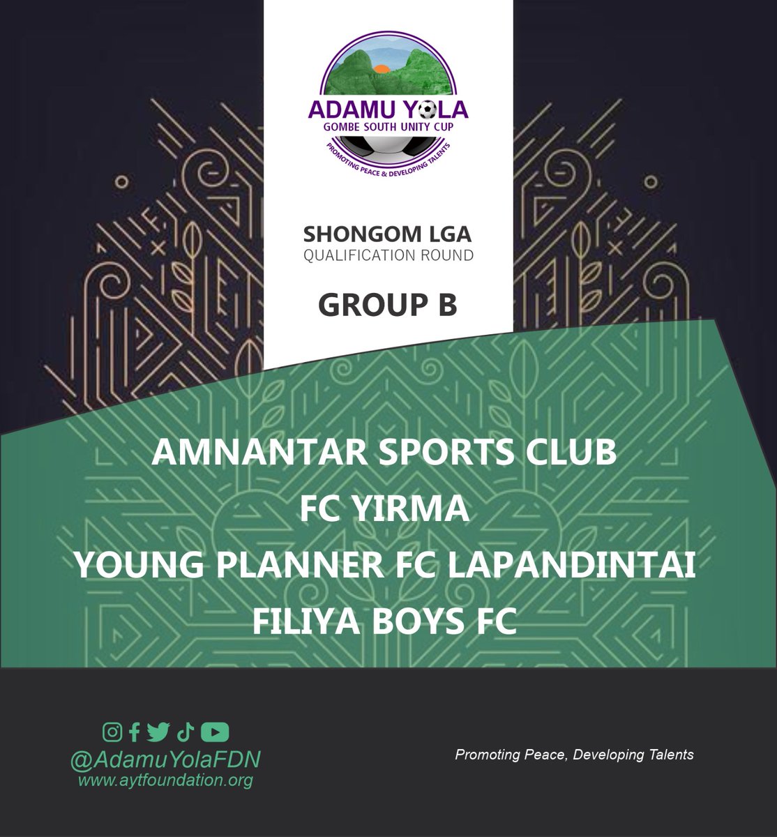 AdamuYolaFDN's tweet photo. This was how the teams from Shongom LGA were drawn for the #QualificationRound 

Winners of each group qualify to the #FinalRound.

#AdamuYolaCup 
#AdamuYolaFoundation https://t.co/GRdaXCVdCI