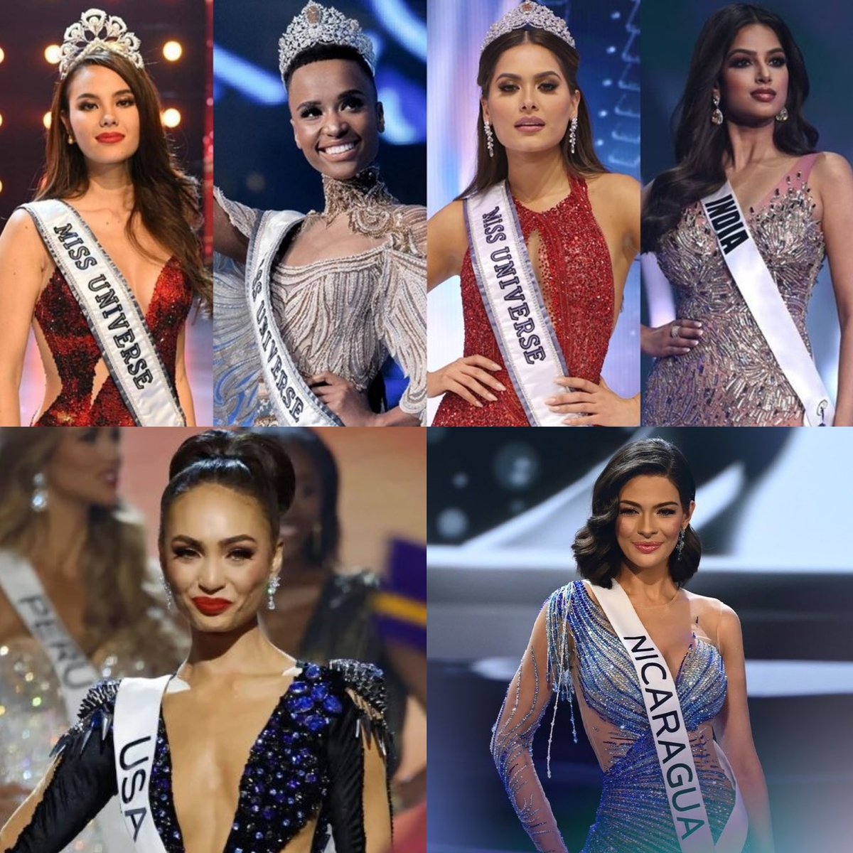 PopBase's tweet photo. Latest #MissUniverse winners:

2018 - Catriona Gray (Philippines)
2019 - Zozibini Tunzi (South Africa)
2020 - Andrea Meza (Mexico)
2021 - Harnaaz Sandhu (India)
2022 - R'Bonney Gabriel (USA)
2023 - Sheynnis Palacios (Nicaragua) https://t.co/VBVYeN97q0