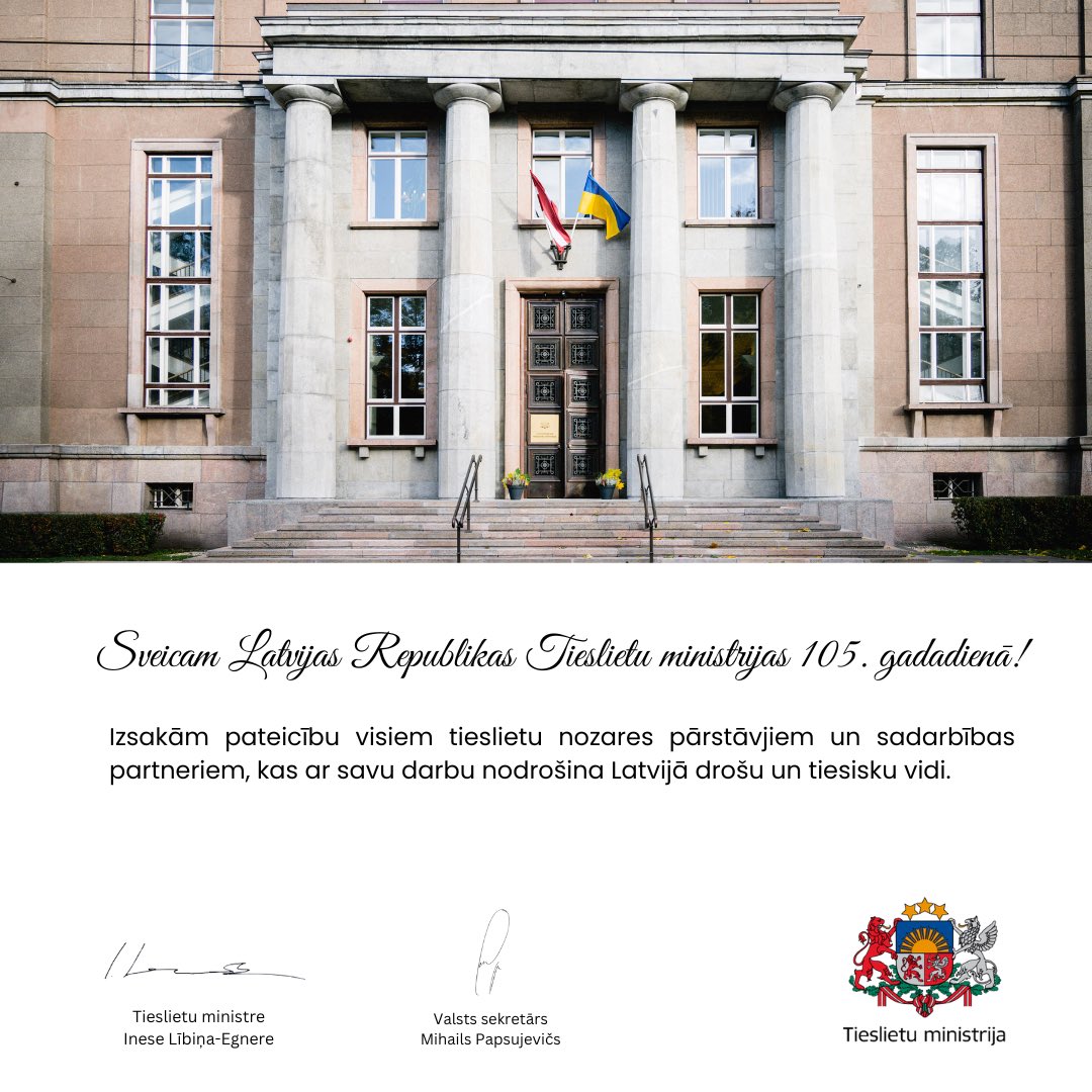 Tieslietas's tweet photo. Sveicam Latvijas Republikas Tieslietu ministrijas 105. gadadienā! 🇱🇻 https://t.co/p72t8MFeLT