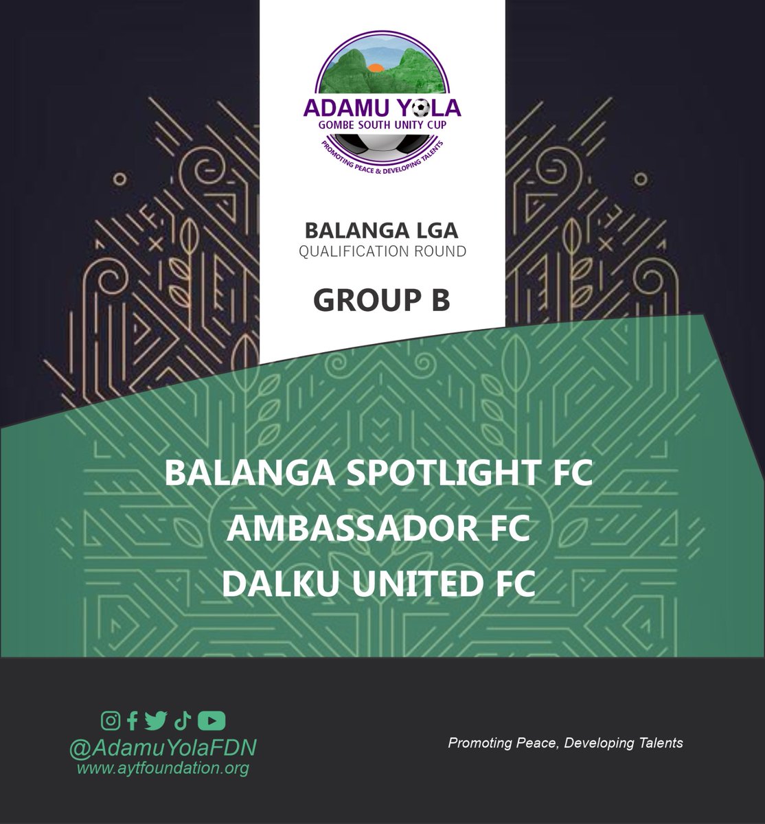 AdamuYolaFDN's tweet photo. This was how the teams from Balanga LGA were drawn for the #QualificationRound 

Winners of Groups A - D go into the #Playoffs for a place in the #FinalRound.

#AdamuYolaCup 
#AdamuYolaFoundation 
#SayNoToDrugs https://t.co/X1YZ5iOz1i