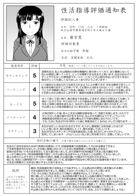 Skeb納品しました『先生のつうしんぼ』的な物を作って欲しいという依頼実際の教員経験者の方から軽く添削していただきました 