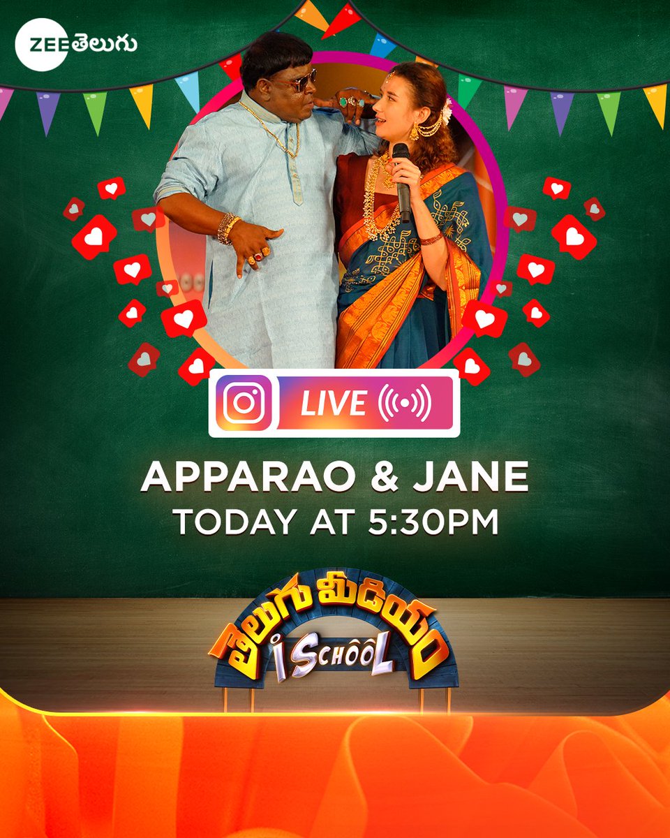 ZeeTVTelugu's tweet photo. Catch Our Incredible Apparao &amp; Jane Live 🤩🤩Today at 5:30 PM  on #ZeeTelugu Instagram

Watch #TeluguMediumiSchool Today at 9 PM on #ZeeTelugu 

#NewRealityShow #TMiS  #CookingTheme https://t.co/QiXhStjAHH