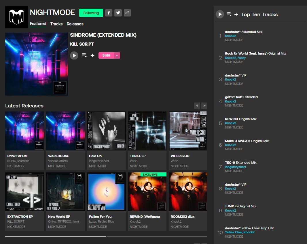 EricSanner's tweet photo. @NIGHTMODE Top Ten Tracks on Beatport. Almost the clean sweep by @Knock2Music. But glad to see @itslngstryshrt up there. Two of my top favorite artist from the label https://t.co/F4t6MuwGdi