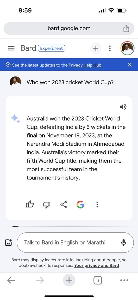 Dwiraj's tweet photo. Google’s #bard seems taking experiments too far … match only starts after 4 hrs..for a change I want #ai to go wrong this time 😂😂😂 #INDvsAUSfinal #WorldCup2023 https://t.co/ETxyI3gmTn