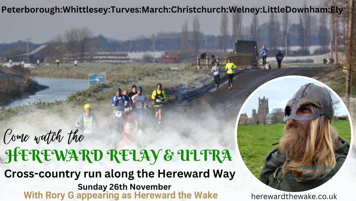 Come watch! The Hereward Relay & Ultra Peterboro to Ely cross-country race along the #HerewardWay next Sunday 26 November. herewardthewake.co.uk/hereward-relay #Peterborough #Whittlesey #Turves #March #Christchurch #Welney #LittleDownham #Ely #WakeHereward #Hereward