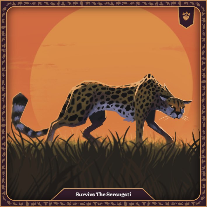 This is the first card of the 12 predators of Survive the Serengeti. A game by @TomCox87 and published by <a href="/HenMargames/">HenMar Games</a> 
Illustrations by <a href="/chabacolors/">Chabacolors</a> 

Release date: March 2024