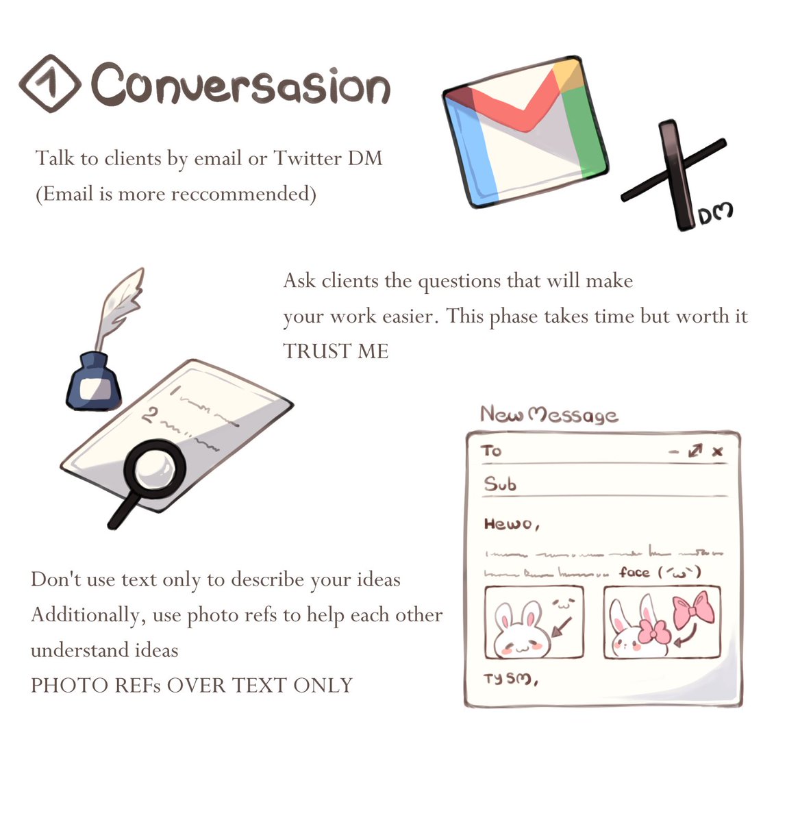 3-STEP how to work with commissioner 🤝

I think this might be helpful to aspiring artists
※ I highly recommend using email bc u're granted w/full control of format & multiple attachments 