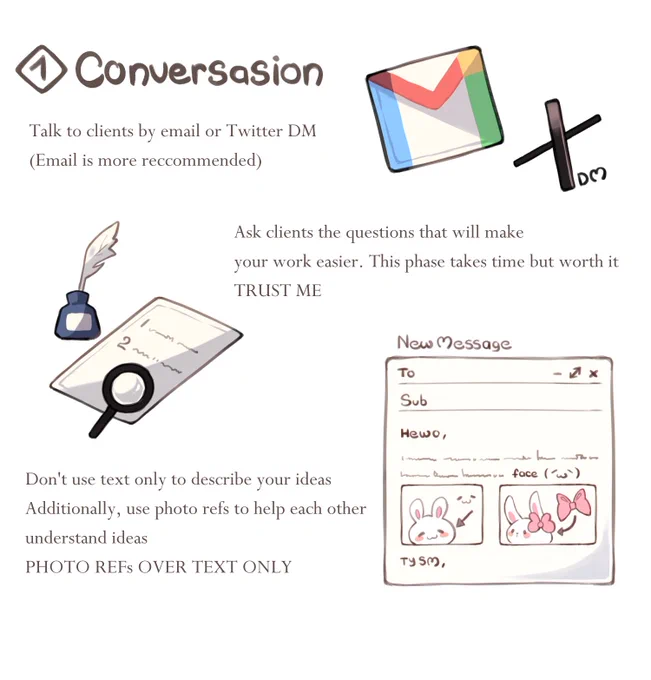 3-STEP how to work with commissioner 🤝

I think this might be helpful to aspiring artists
※ I highly recommend using email bc u're granted w/full control of format &amp; multiple attachments 