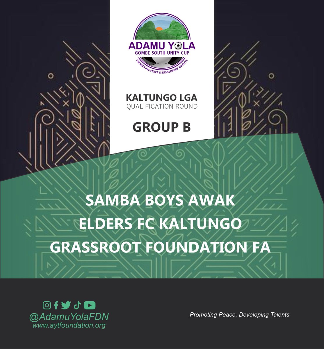 AdamuYolaFDN's tweet photo. This was how the teams from Kaltungo LGA were drawn for the #QualificationRound 

Winners of each group go into the #Playoffs for a place in the #FinalRound.

#AdamuYolaCup 
#AdamuYolaFoundation https://t.co/xPZs7BZHzg