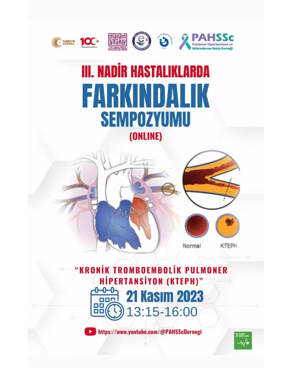 KESKNHULYA's tweet photo. Bu yıl Mardin Artuklu Üniversitesi Sağlık Bilimleri Fakültesi ev sahipliğinde düzenlediğimiz III. Nadir Hastalıklarda Farkındalık Sempozyumu-Online "Kronik Tromboembolik Pulmoner Hipertansiyon (KTEPH)" konulu sempozyuma katılımınızı bekliyoruz.
@ibrahimozcosar @resityildiz79 https://t.co/g0mJUsJkRZ