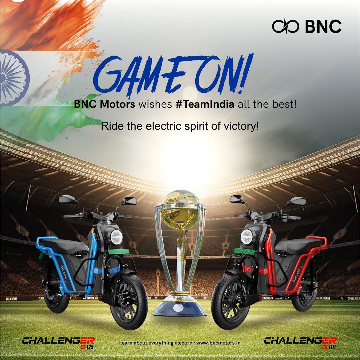 BNC_EV's tweet photo. BNC Motors, crafting the future with Made-in-India Electric Two-Wheelers, powers up the cheers for #TeamIndia in the World Cup Finals! Unleash the electric victory, ride the pride.

#bncmotors #electricvehicle #nammaooruev #indvsaus #WorldCup23 #finals #roadtovictory #teamindia https://t.co/YdQidcN3wZ