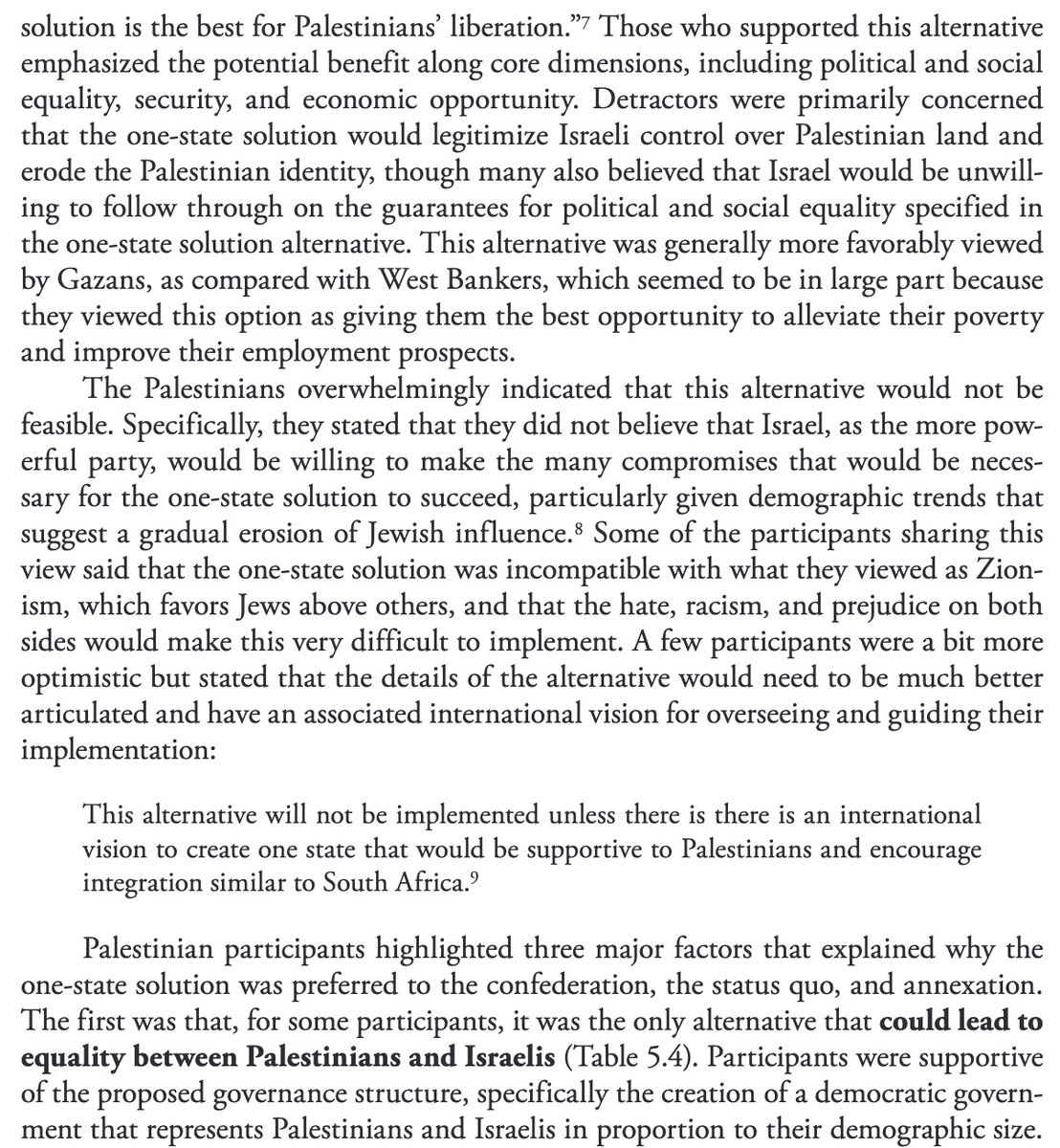 osamabishounen's tweet photo. thinking about the 2021 RAND paper where the palestinian interviewees' main concerns for a one-state solution are "israelis would never truly accept us as equals" while the israeli concerns are like "i dont want my taxes funding welfare for those camel-humping [redacted]" https://t.co/4WGQah2YdS