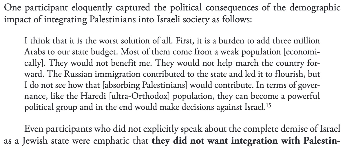 osamabishounen's tweet photo. thinking about the 2021 RAND paper where the palestinian interviewees' main concerns for a one-state solution are "israelis would never truly accept us as equals" while the israeli concerns are like "i dont want my taxes funding welfare for those camel-humping [redacted]" https://t.co/4WGQah2YdS
