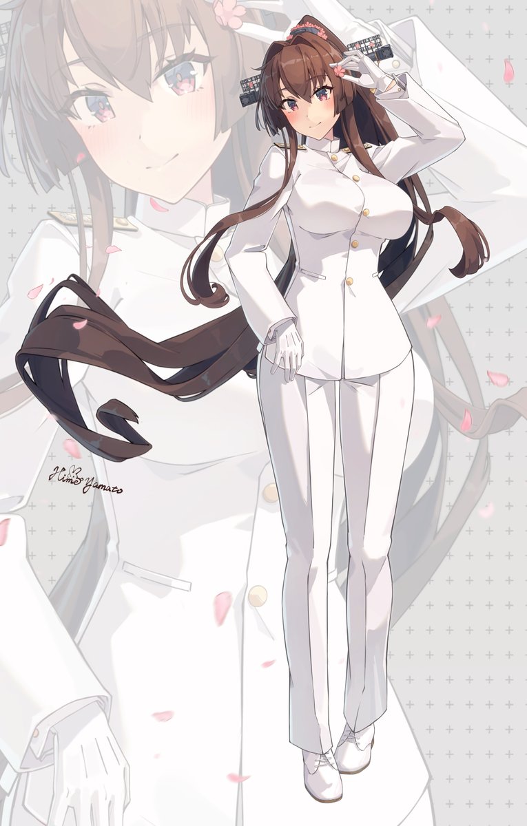 yamato (kancolle) 1girl long hair brown hair zoom layer ponytail solo uniform  illustration images