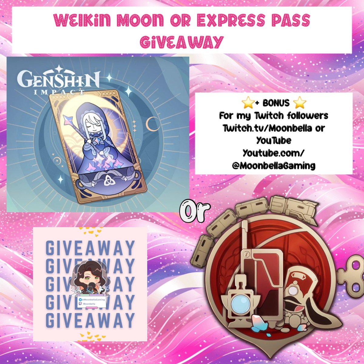 🌟Giveaway🌟

Blessing of the Welkin Moon
Or
Express Supply Pass

✨re tweet &amp; Follow

Winner announced Friday 24th November AEDT

CodaShop

BONUS: If you win &amp; Follow my Twitch or YouTube choose an extra Welkin or Express pass 
Twitch.tv/Moonbella
YouTube.com/@MoonbellaGami…