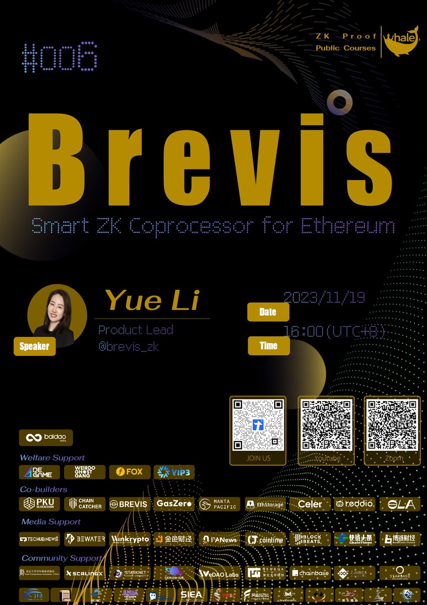WhalerDAO ZKP🚢#006 
<a href="/brevis_zk/">Brevis</a> Product Lead YueLi had the privilege of delivering a keynote speech, A Smart ZK Coprocessor for Ethereum,provided a introduction to Brevis and ZK #Web3 

🗓️11/19 16:00(UTC+8)  
👇Zoom
us06web.zoom.us/j/82169911499?…… 
👇YOUTUBE 
 youtube.com/live/hsqJPCdt1