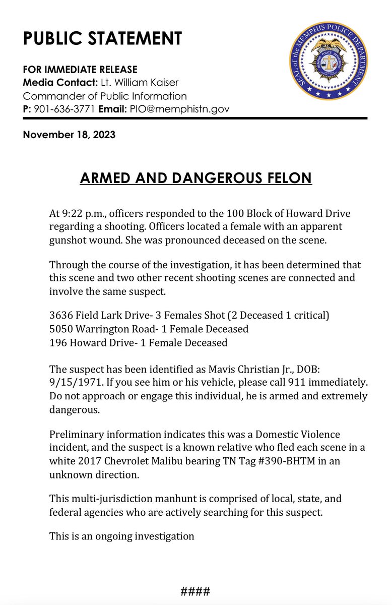 MEM_PoliceDept's tweet photo. ***PUBLIC STATEMENT***

BE ON THE LOOKOUT FOR ARMED AND DANGEROUS FELON https://t.co/6MW2Y5s6lq