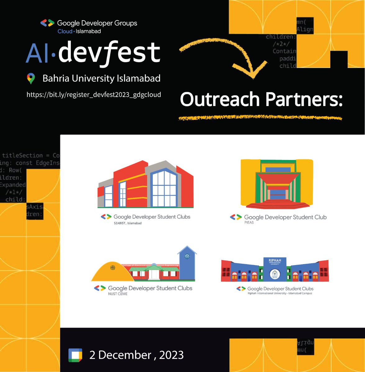 🌐 GDG Cloud Islamabad is delighted to announce our collaboration with the incredible <a href="/gdsc_szabistISB/">GDSC Szabist Islamabad</a> gdscceme gdscpieas gdsc riphahuniversity for Cloud AI Devfest Islamabad 2023 . A warm welcome to all GDSC chapters 🤝
🔗 Secure your spot now:
bit.ly/register_devfe…