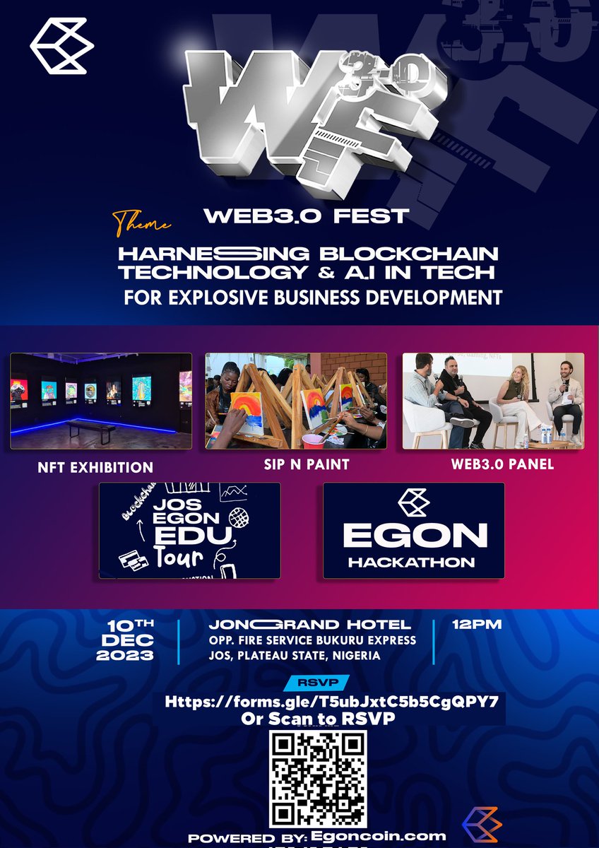 Exciting times ahead at the Web3.0 Fest in Jos, Plateau State! 
Join us on Dec 10, 2023, at Jong Rand Hotel to explore the fusion of Blockchain &amp; AI for explosive business development. Dive into NFT Exhibition, Egon Hackathon, Web3.0 Panels, and more!