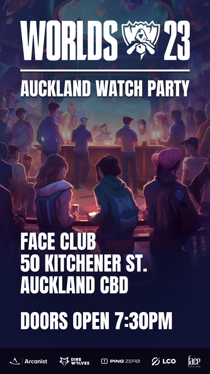 In just a few hours the  #Worlds2023 final kicks off! 

We are proud to be hosting the Auckland Watch Party alongside our partners:

<a href="/DireWolves/">Dire Wolves</a> 
<a href="/PingZeroNZ/">🎮 Ping Zero 🎮</a> 
<a href="/LCO/">LCO</a> 

With amazing support from the teams at:

<a href="/RedBullNZ/">Red Bull New Zealand</a> 
<a href="/Heineken/">Heineken</a> 

See you at Face!!