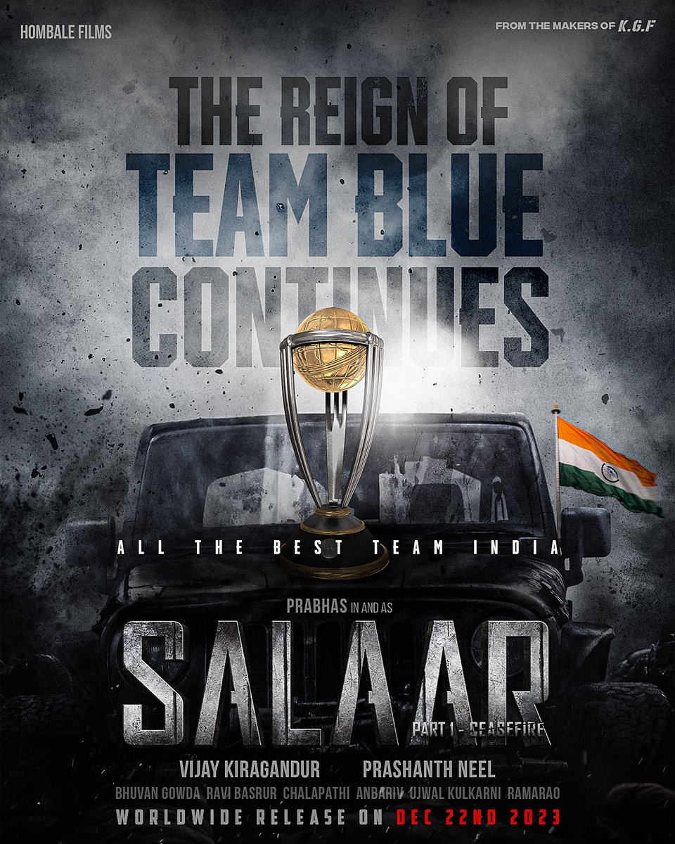 SalaarTheSaga's tweet photo. Just one step away from glory!
Sending our best wishes to Team India 🇮🇳 – bring home the World Cup!

- Team #Salaar https://t.co/qk6zgRm03v