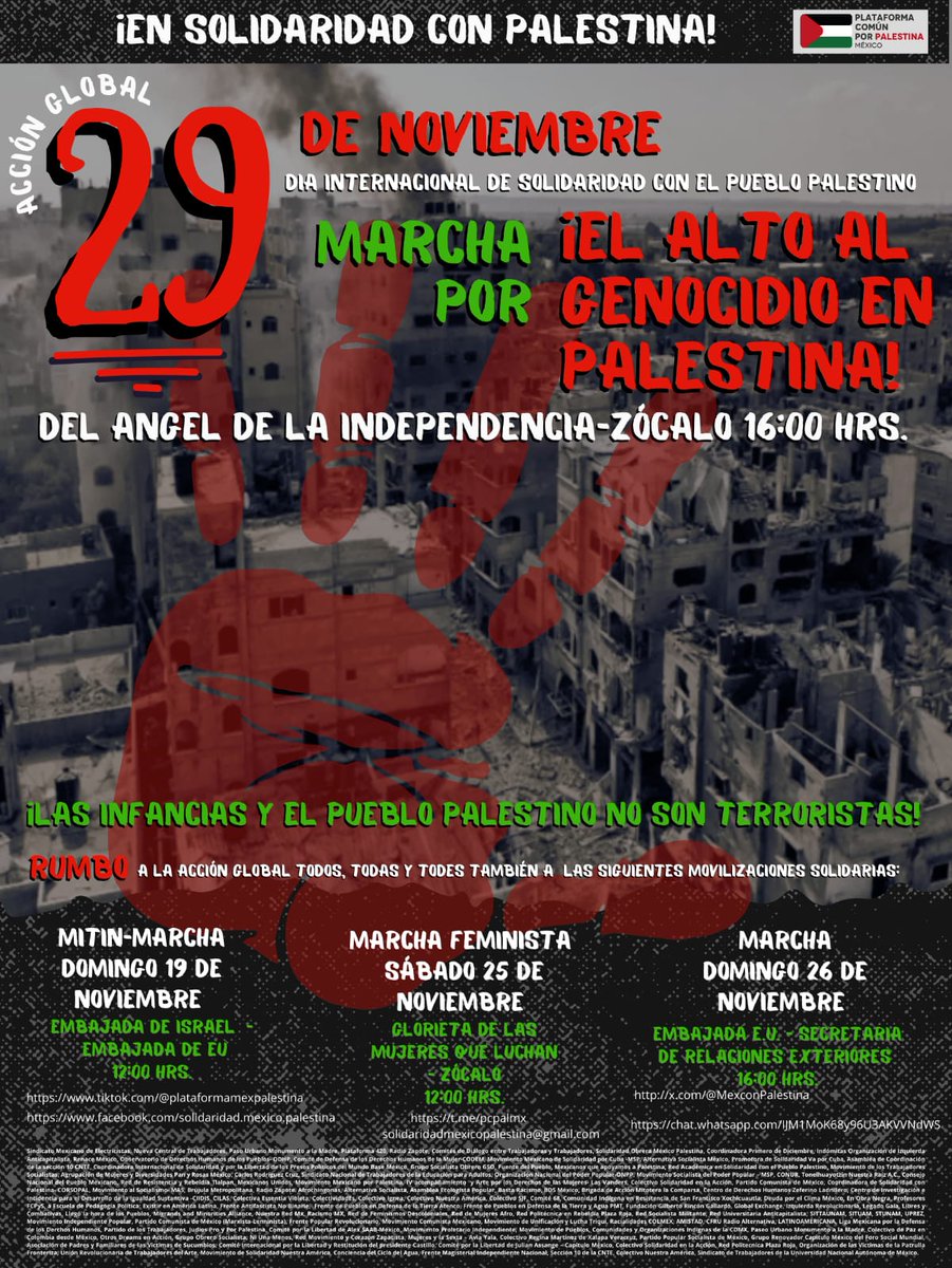 MTSdeMexico's tweet photo. 📣 29 de noviembre 
Marcha DÍA DE SOLIDARIDAD INTERNACIONAL CON EL PUEBLO PALESTINO, del Ángel de la Independencia al Zócalo, 16:00 hrs. https://t.co/ZyhevyjKop