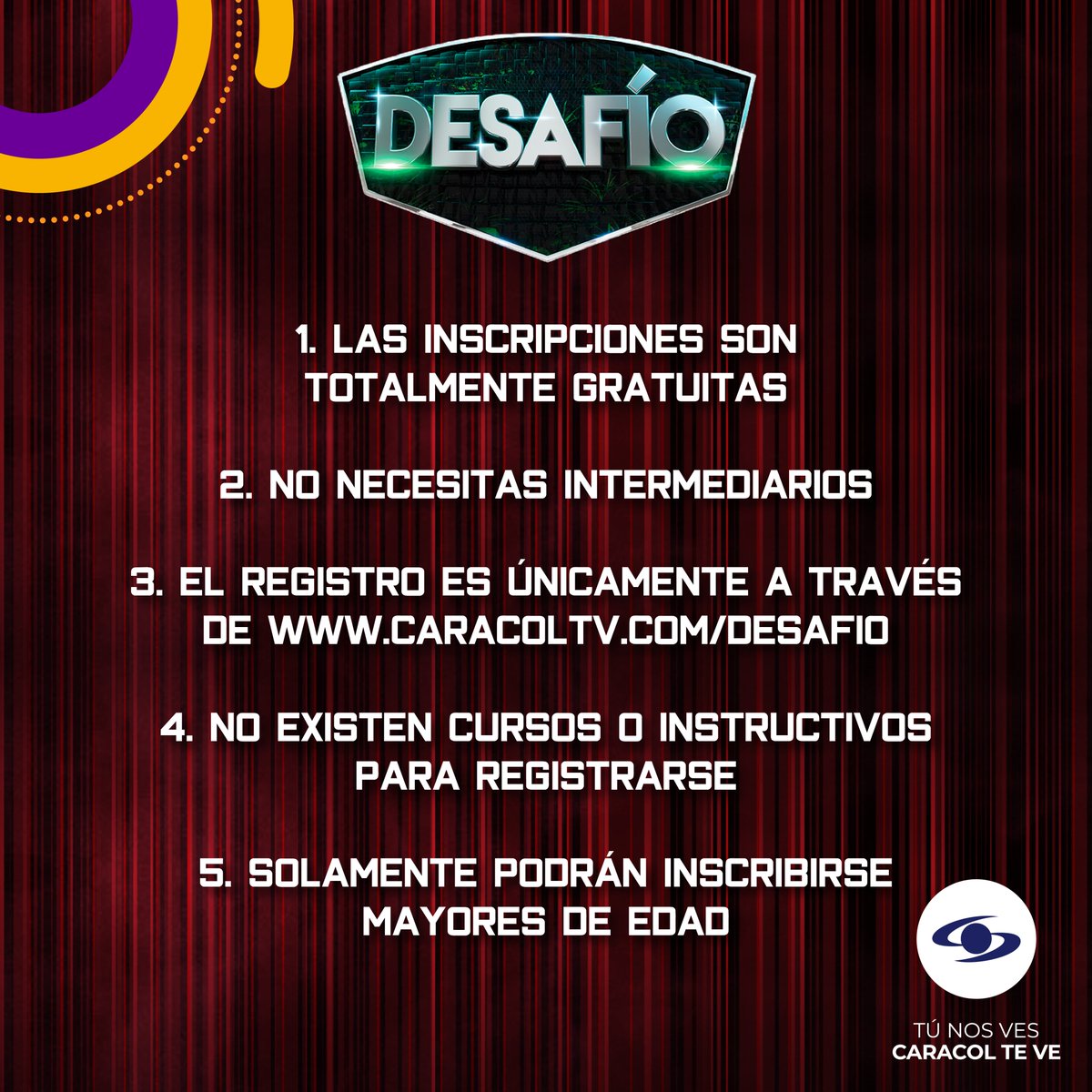 DesafioCaracol's tweet photo. 🌈 A partir de hoy y hasta el 23 de diciembre de 2023, las convocatorias para ser parte de los 20 años de #ElDesafío están abiertas. ✨ Por ello, te proporcionamos cinco recomendaciones para aumentar tus posibilidades de ser seleccionado: https://t.co/JOX3N3aT5o