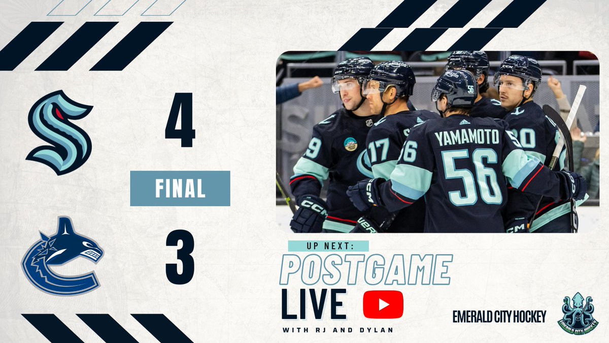 EmeraldCityHky's tweet photo. KRAKEN WIN!

A strong 3rd period powers the Kraken to a 4-3 win in Vancouver.

Lets talk about a full 60 minute effort! Join us on YouTube for ECH Postgame Live presented by @FlatstickPub https://t.co/inI9oct1sc