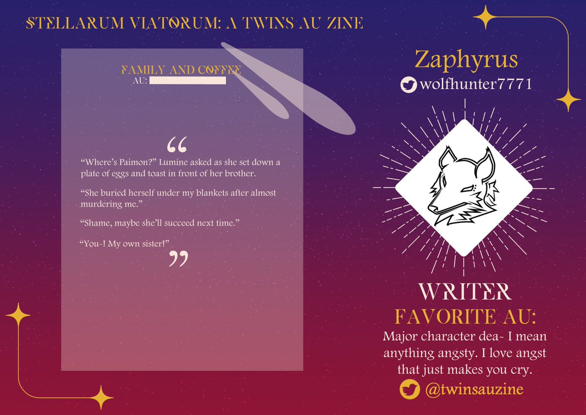 wolfhunter7771's tweet photo. Proud to present my preview for the upcoming @twinsauzine ! Try guessing what AU I wrote 🫶
#StellarumViatorum #SVSpotlights #SVPreviews #SVWriter https://t.co/74YP43m6aF