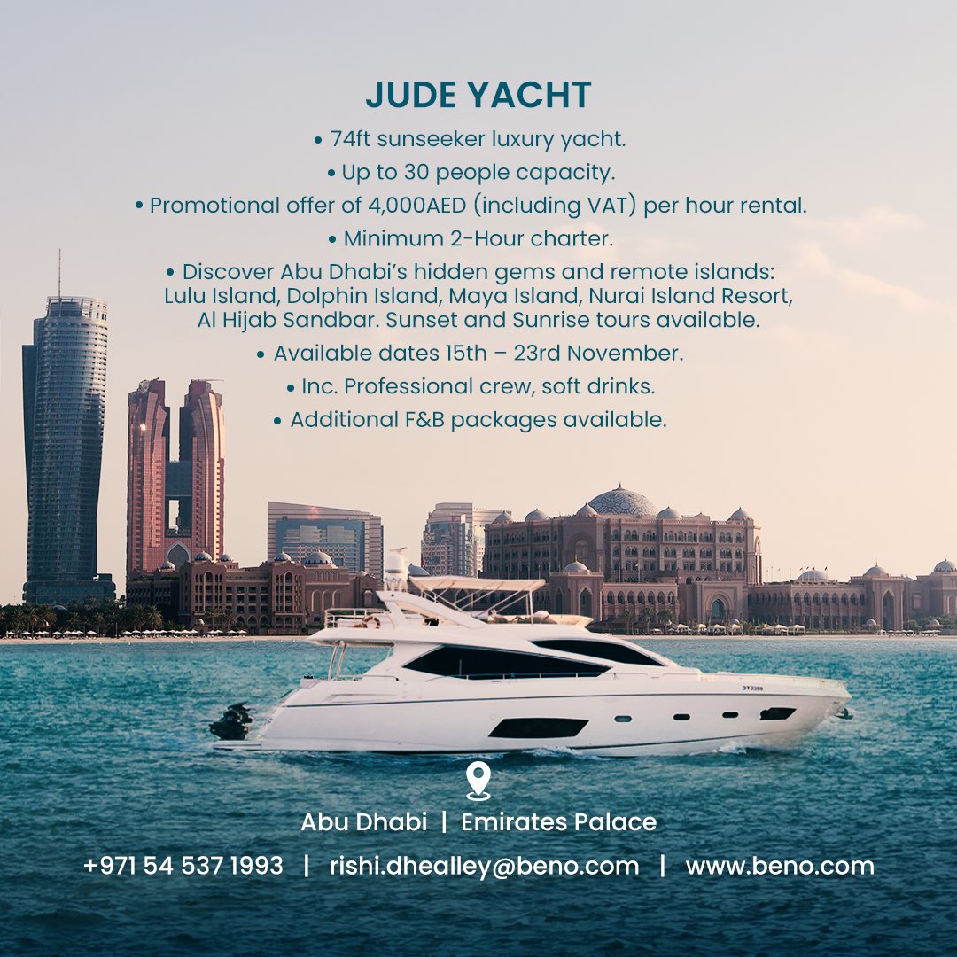 Book our 74ft Jude Yacht now in Abu Dhabi 🛥️🌊

For more details contact us on
+971 54 537 1993 

Beno.com 
#luxuryyachtrental #yachtlife #uae #mydubai #travel #highlifedubai #benouae #abudhabi #yacht