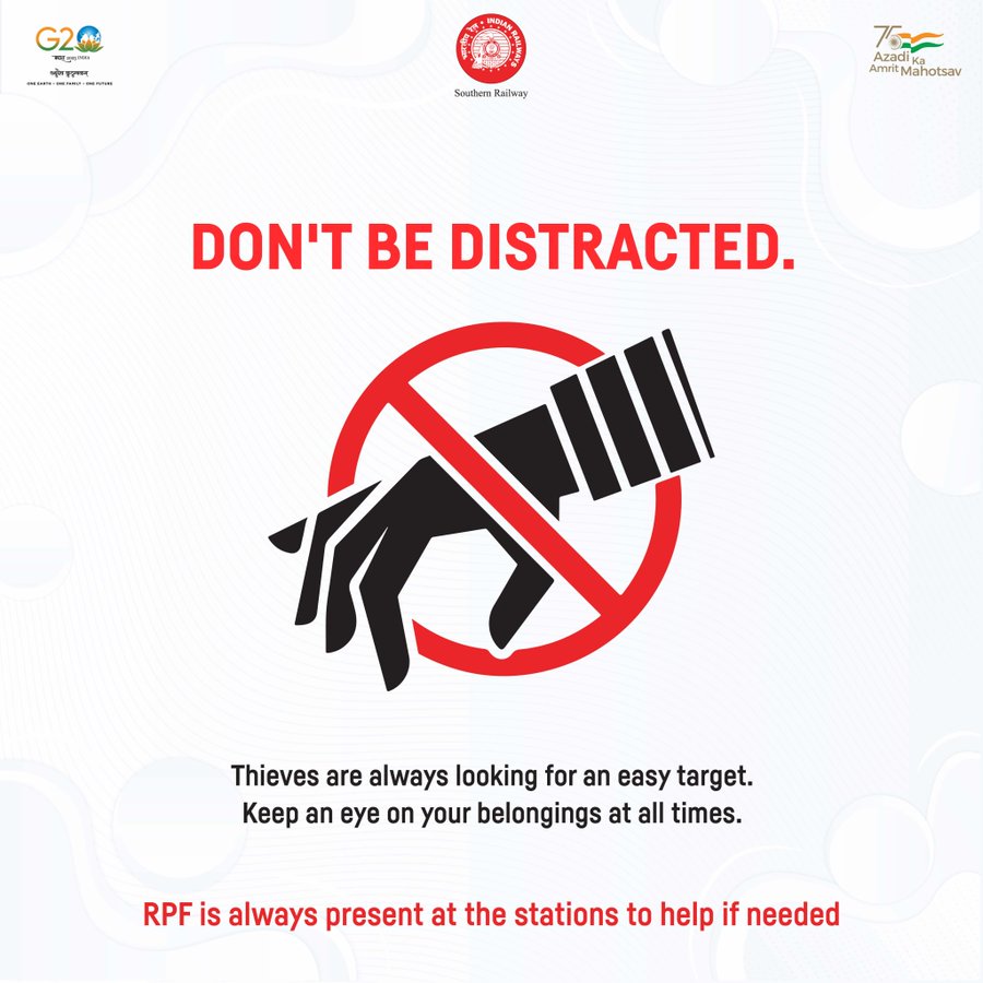 "Attention All Passengers: Stay Alert, Report Suspicious Activity!"
#trainsafety

<a href="/GMSRailway/">Southern Railway</a> <a href="/RailMinIndia/">Ministry of Railways</a>