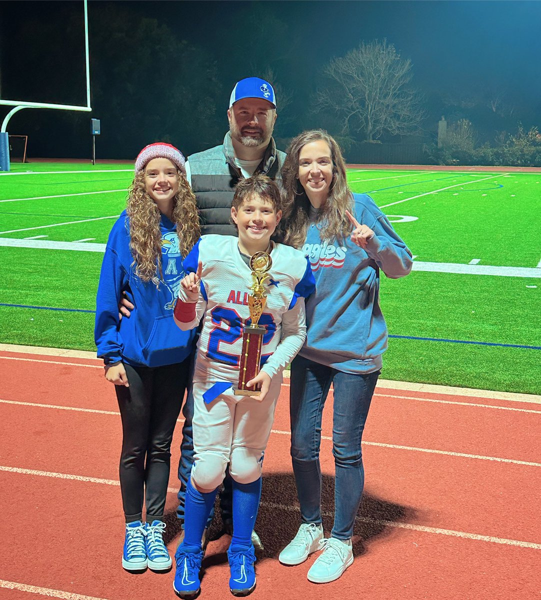 cherry_aimee's tweet photo. The 5th grade Allen Eagles gutted it out to win the ‘ship tonight against the Rockwall Yellowjackets. 8-6 win and #22 caught the critical 2 point conversion.  Proud of my guys! 🅰️🆙 https://t.co/6pb31EdSWl