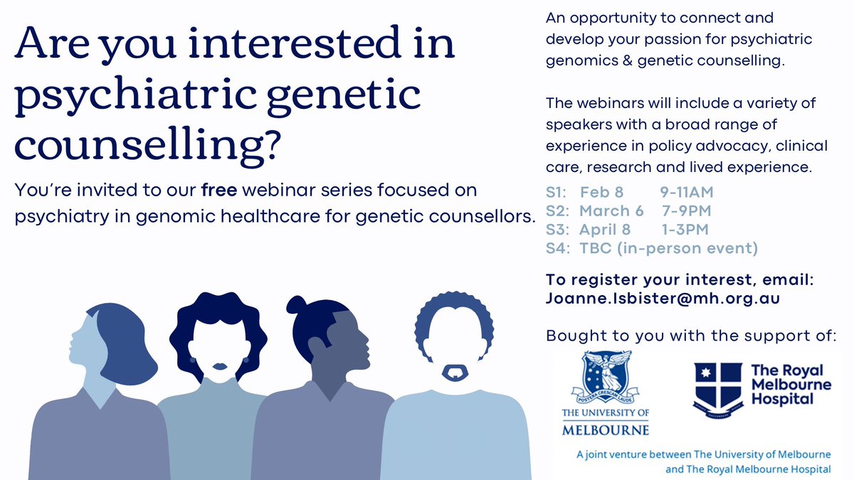 Joanne Isbister-Smith (@isbisterjoanne) on Twitter photo Very excited to share this!!!
A webinar series focused on psychiatry in genomic healthcare for Australian genetic counsellors
To register: Joanne.Isbister@mh.org.au
All welcome! No exp necessary.
Thank you <a href="/UniMelb/">University of Melbourne</a> MGC for their generous grant to fund this opportunity.
🧠 Very excited to share this!!!
A webinar series focused on psychiatry in genomic healthcare for Australian genetic counsellors
To register: Joanne.Isbister@mh.org.au
All welcome! No exp necessary.
Thank you <a href="/UniMelb/">University of Melbourne</a> MGC for their generous grant to fund this opportunity.
🧠