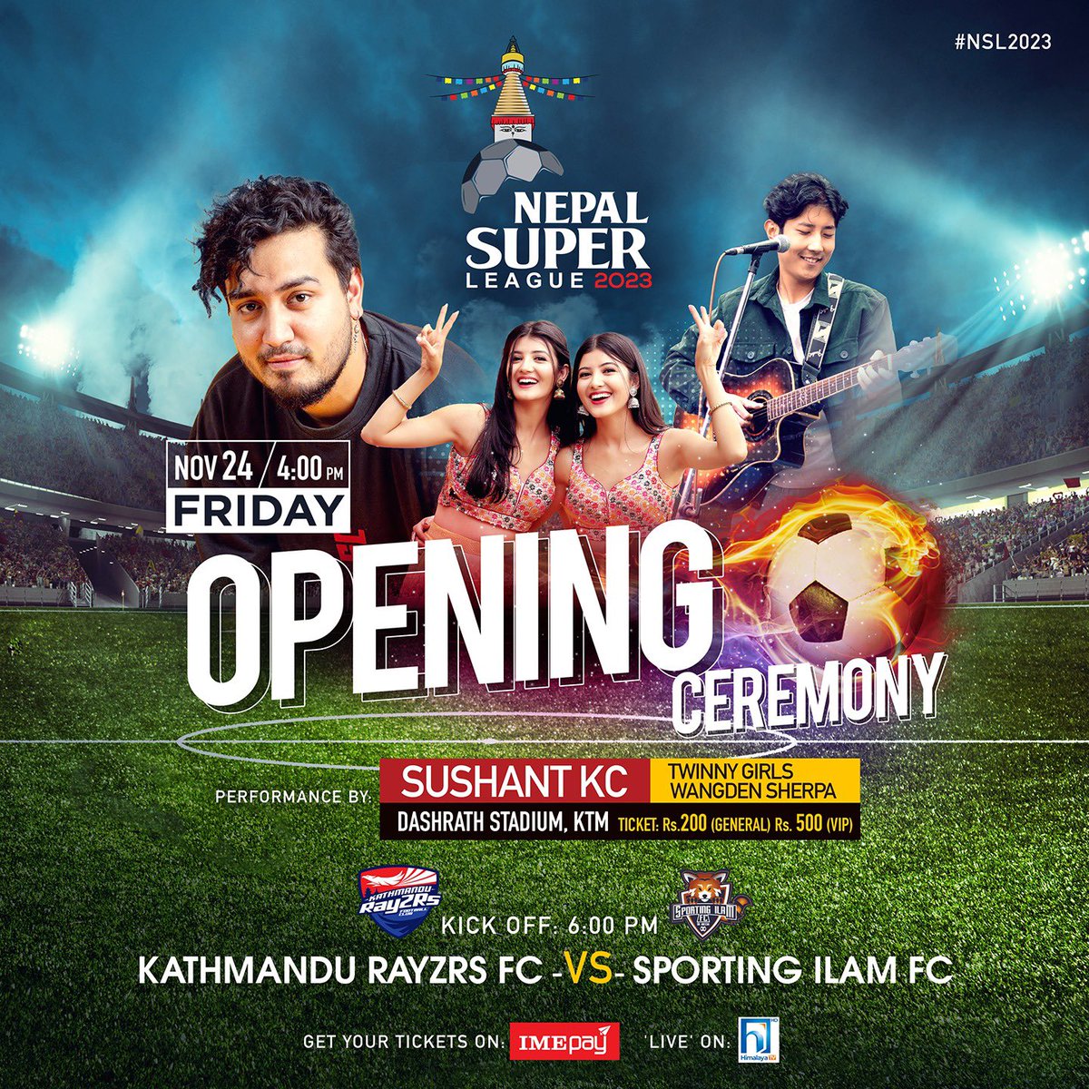 Join us for unforgettable performances by Sushant KC, Wangden Sherpa and Twinny Girls.Mark your calendars for the Grand Opening this Friday (24th November/8 Mangsir). Tickets will be on sale exclusively through the IME Pay app. You can also purchase them directly at the stadium.