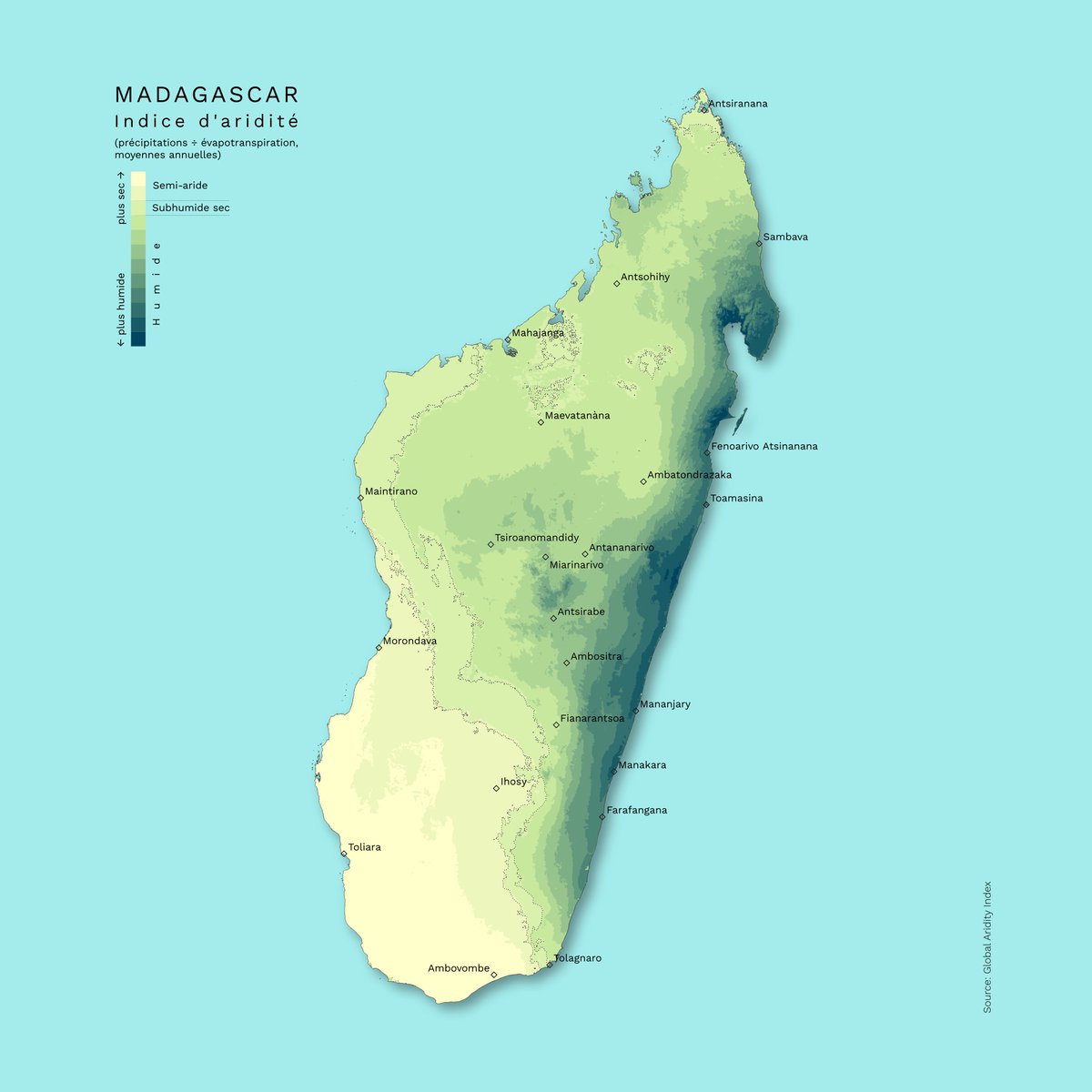 privatemajory's tweet photo. #30DayMapChallenge Jour 18: Atmosphère. Indice d'aridité à Madagascar. 

Tenant compte des précipitations et de l'évapotranspiration potentielle, l'indice d'aridité permet de mesure le degré de sécheresse du climat d'une région. 

(Source: Global Aridity Index) https://t.co/KcJpEEPzHz