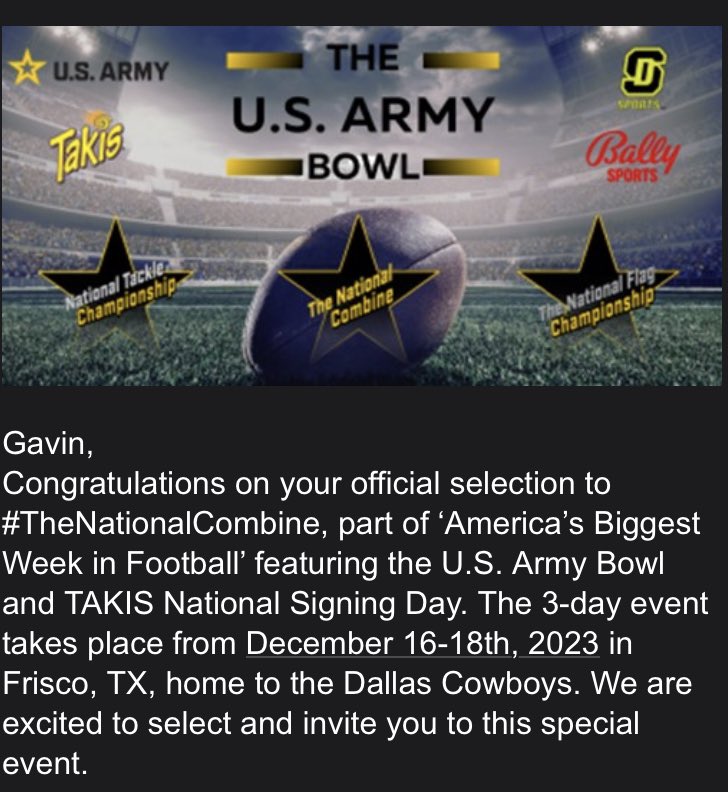 Very GRATEFUL to receive an invitation to the 2023 US Army Bowl Combine in Dallas! @coachjoe33 @theBAFootball @USArmyBowl @CSmithScout @Kreager @Tpalmateer83 @ONEWAYINC1 @SWiltfong247 @Jxrdan_v @DRayTravis @PrepRedzoneTN @TnVarsity @MainStreetPreps @drew_toennies @Hunter_DeNote…