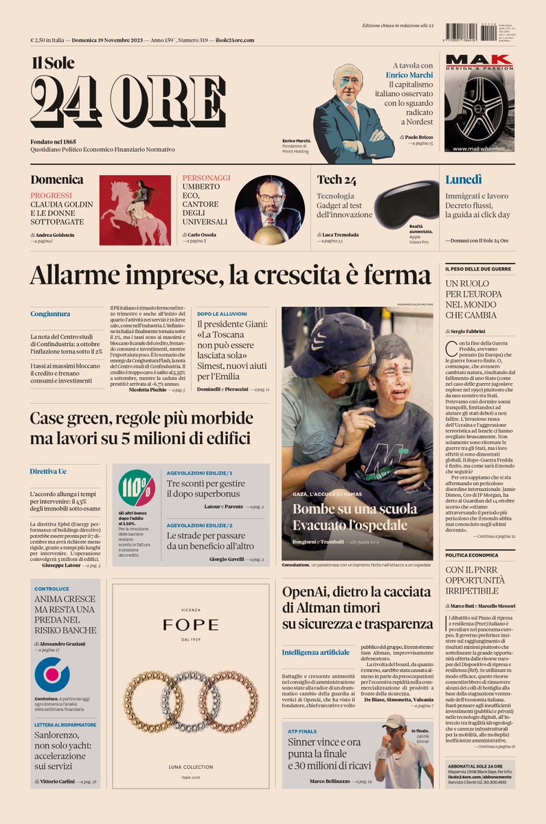 Sulla prima pagina del #Sole24Ore di oggi, domenica #19novembre: allarme #imprese, la crescita è ferma. Case #green, regole più morbide ma lavori su 5 milioni di edifici. #OpenAi, dietro la cacciata di #Altman timori su sicurezza e trasparenza. #buonalettura #primapagina