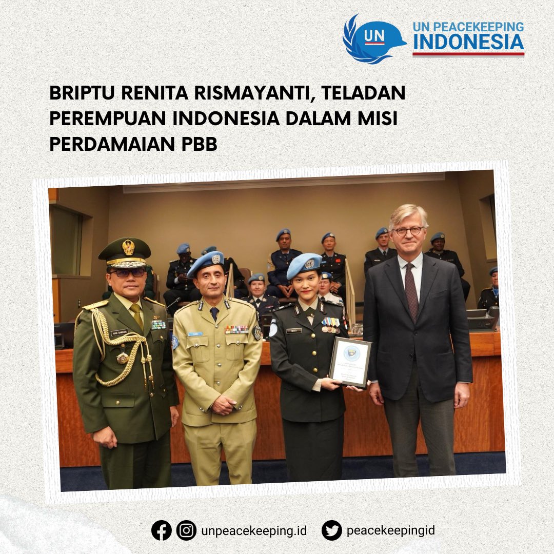 peacekeepingid's tweet photo. Briptu Renita Rismayanti, seorang Polisi Wanita Indonesia, memenangkan gelar "UN Women Police Officer of the Year" tahun 2023. Tugasnya di misi perdamaian PBB di Afrika Tengah #MINUSCA menandai dirinya sebagai penerima termuda sejak penghargaan ini dimulai pada 2011. https://t.co/bB7kJ4dmDn
