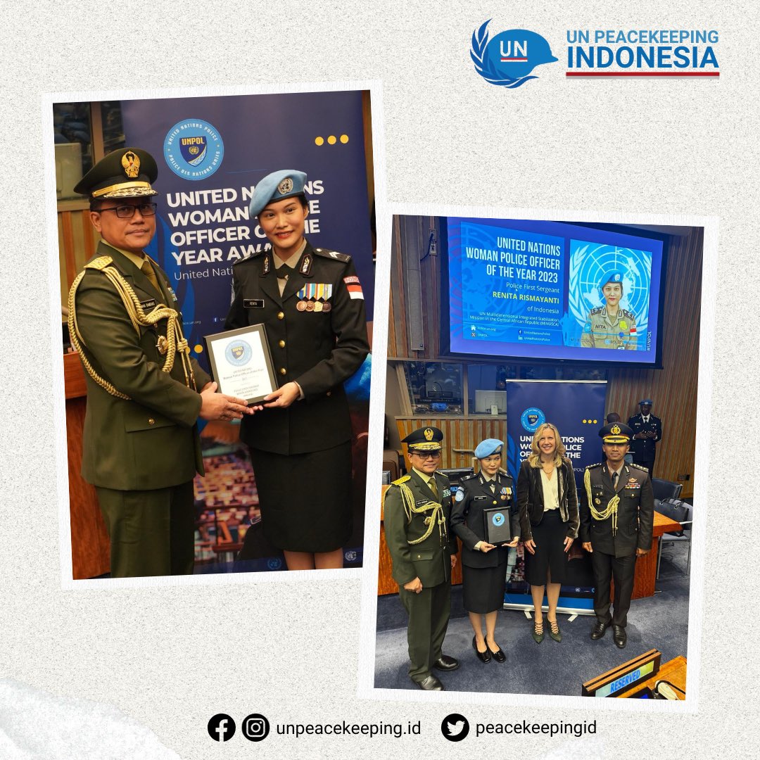 peacekeepingid's tweet photo. Briptu Renita Rismayanti, seorang Polisi Wanita Indonesia, memenangkan gelar "UN Women Police Officer of the Year" tahun 2023. Tugasnya di misi perdamaian PBB di Afrika Tengah #MINUSCA menandai dirinya sebagai penerima termuda sejak penghargaan ini dimulai pada 2011. https://t.co/bB7kJ4dmDn