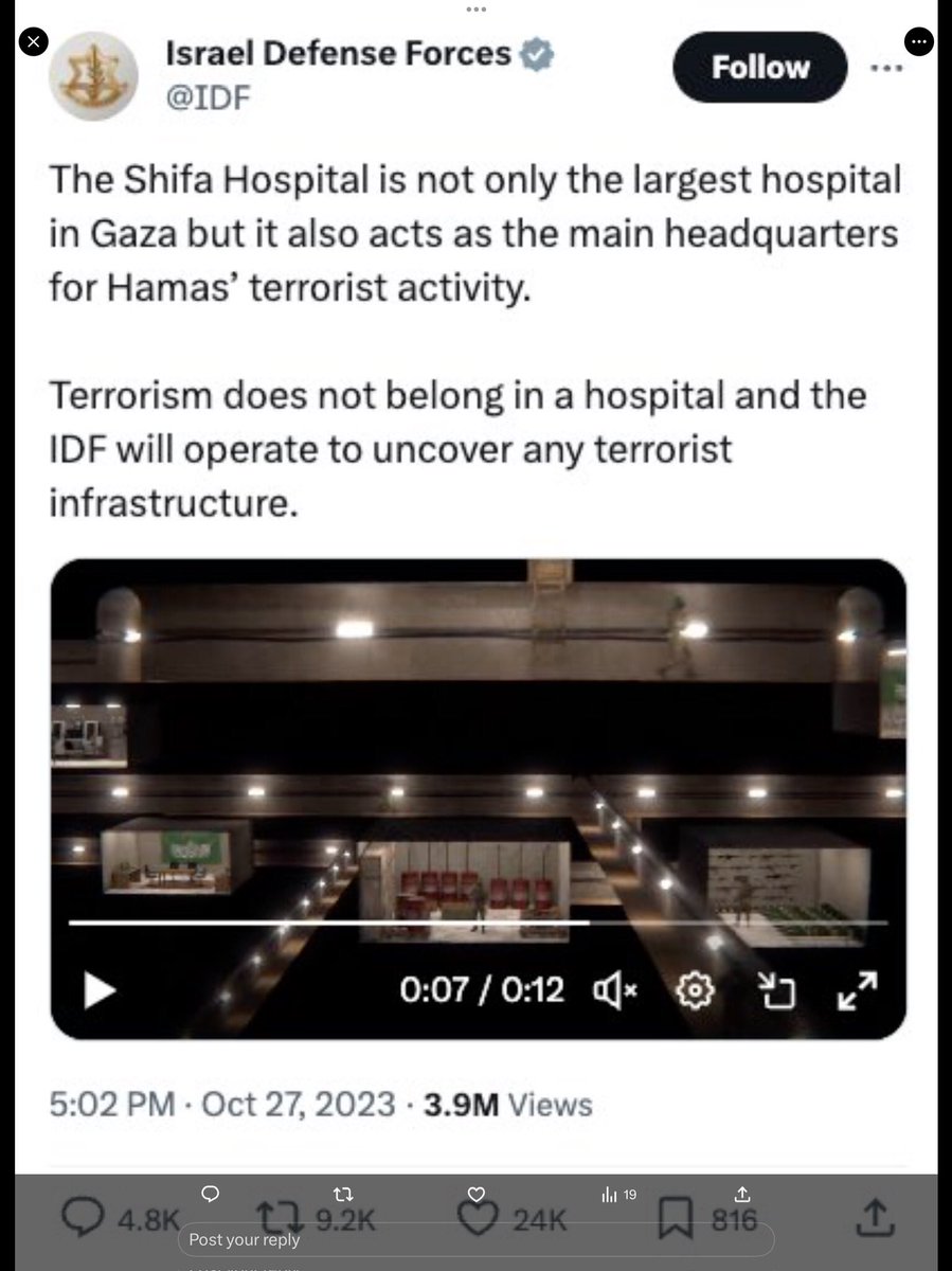 MikeCarlton01's tweet photo. 43 days now, and the Israel Defence Force has still not found the Hamas HQ in or beneath the Al-Shifa Hospital.  I wonder why. https://t.co/y7E0IpQOtd
