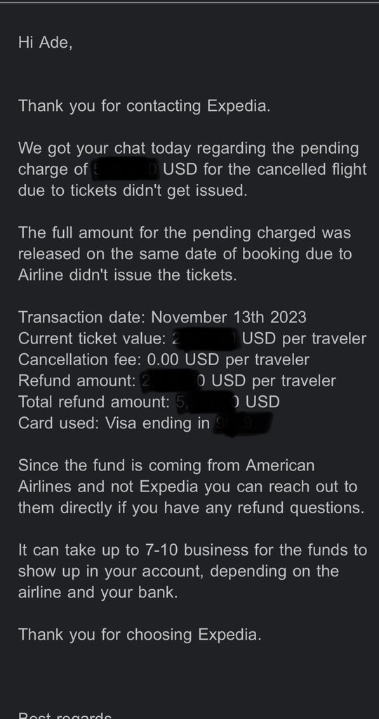 sulcoid's tweet photo. Dear @Expedia and @AmericanAir I do not know what is going on, but someone need to actually process my funds back. I purchases through Expedia so yes it is your responsibility. https://t.co/4lsZGftrmi